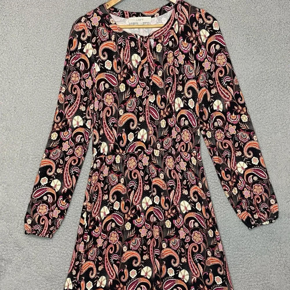 Loft Brown Boho Prairie Womens Keyhole Neck Tie Front LS Maxi Dress Sz M Stretch